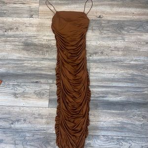 Brown Ruched Spaghetti Strap Midi Dress